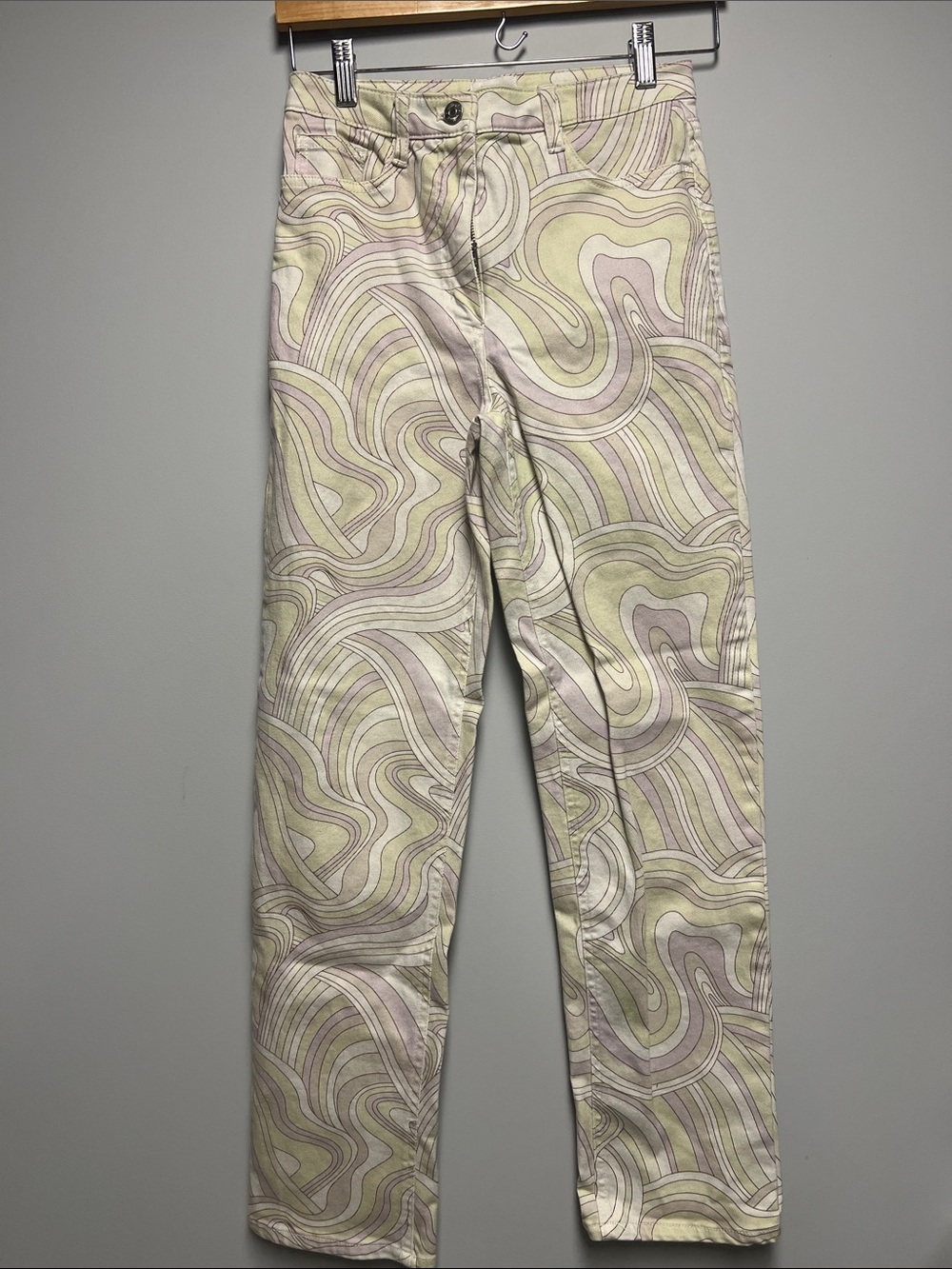 Aritzia Women's Straight Leg Jeans in Pale Green and Light Pink Swirl